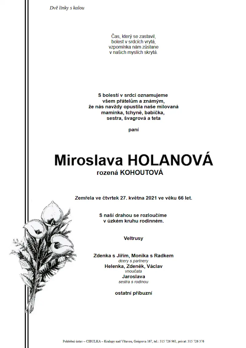 ukázkové smuteční oznámení (parte), Pohřební ústav Kralupy nad Vltavou