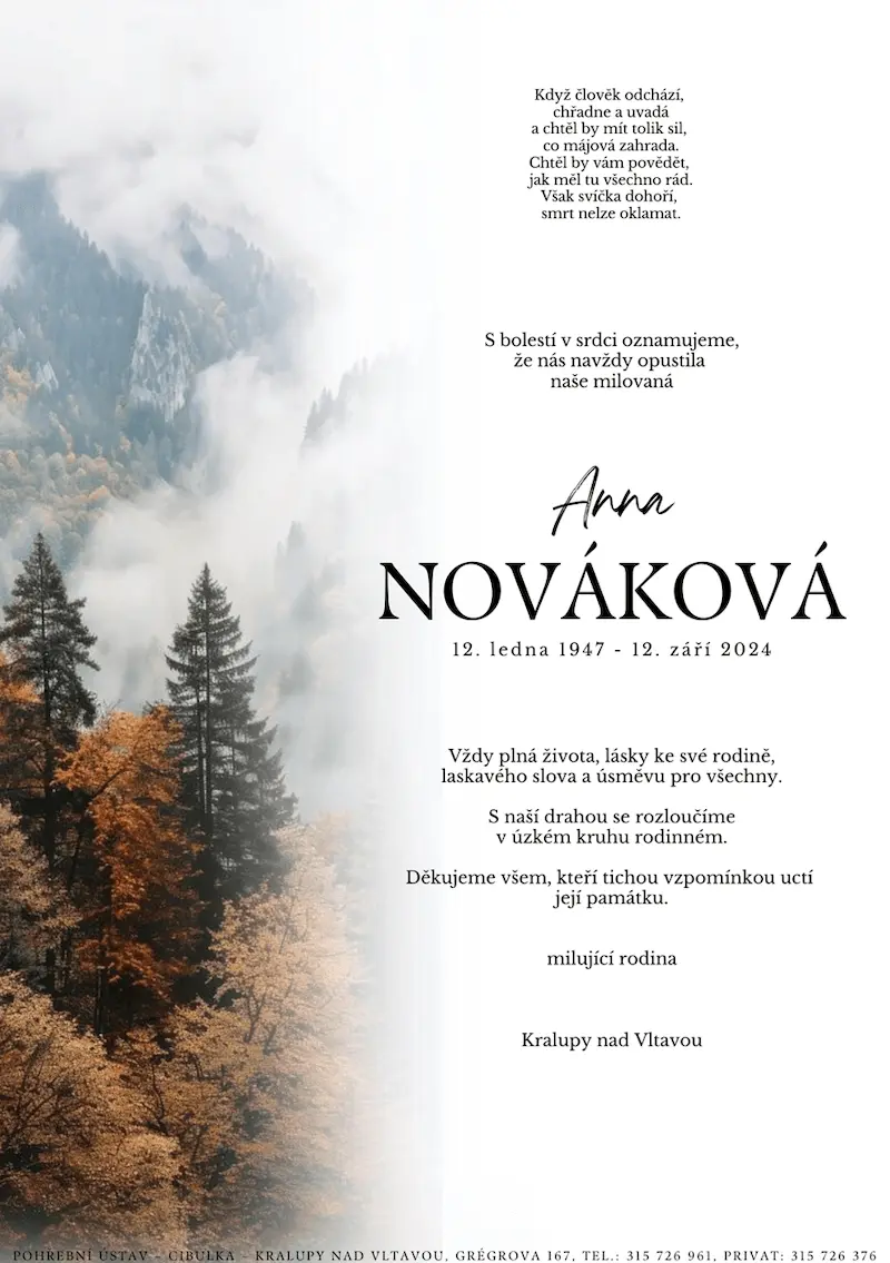 ukázkové smuteční oznámení (parte), Pohřební ústav Kralupy nad Vltavou