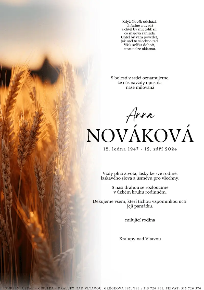 ukázkové smuteční oznámení (parte), Pohřební ústav Kralupy nad Vltavou