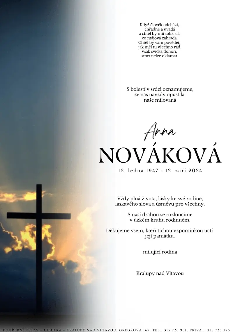 ukázkové smuteční oznámení (parte), Pohřební ústav Kralupy nad Vltavou