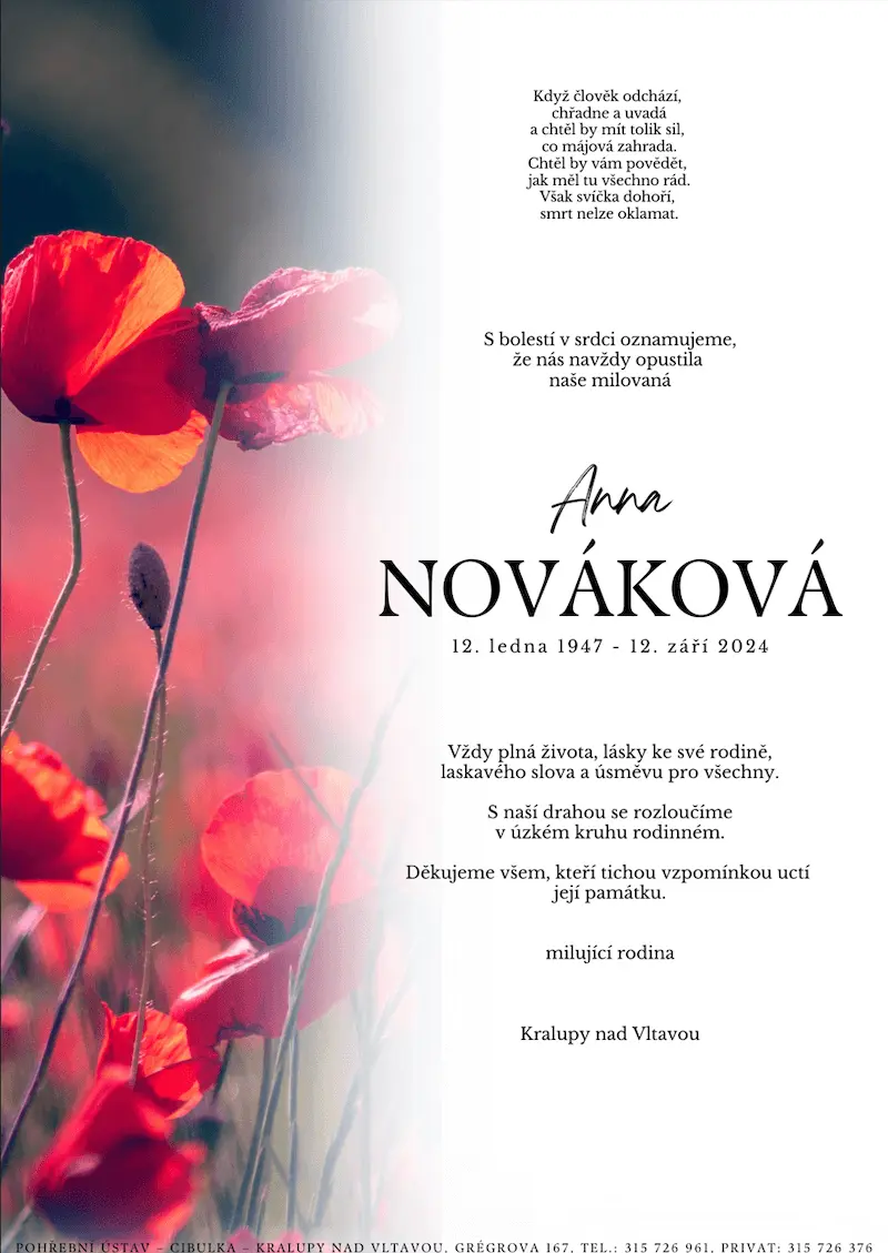 ukázkové smuteční oznámení (parte), Pohřební ústav Kralupy nad Vltavou