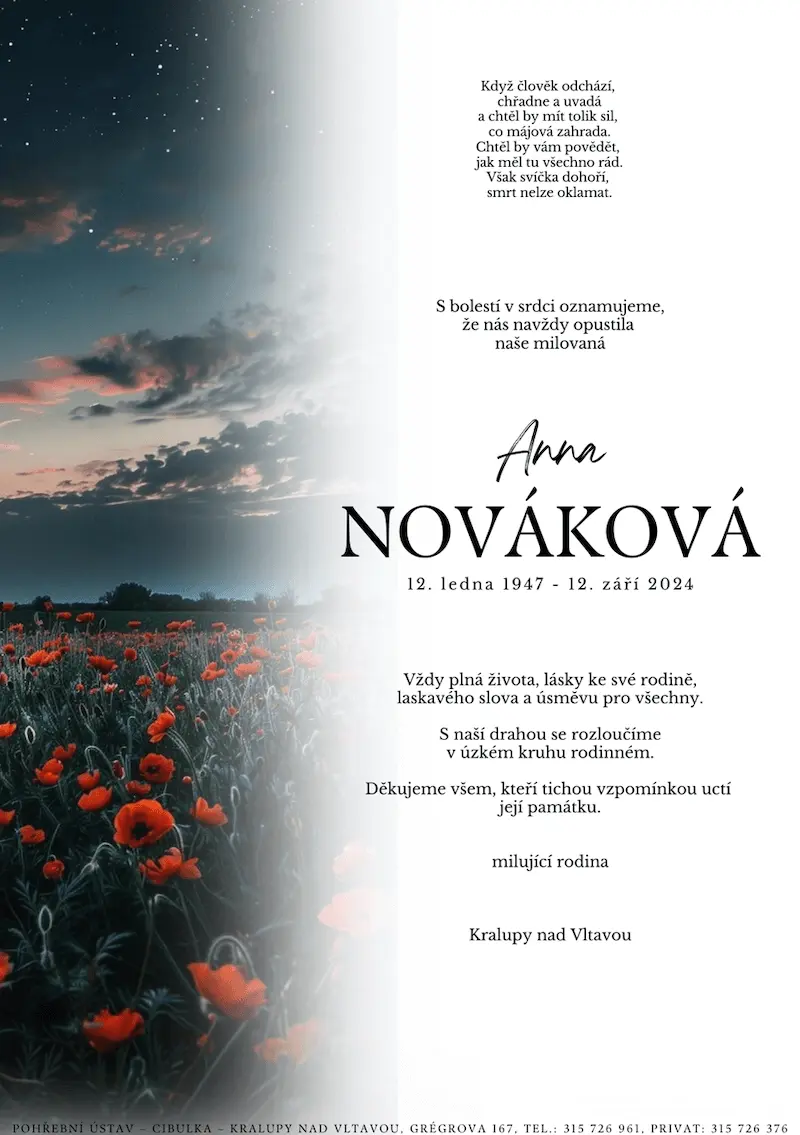 ukázkové smuteční oznámení (parte), Pohřební ústav Kralupy nad Vltavou