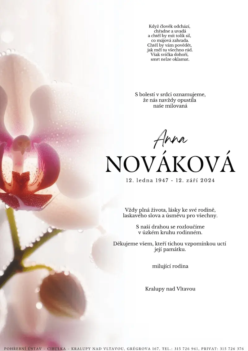ukázkové smuteční oznámení (parte), Pohřební ústav Kralupy nad Vltavou