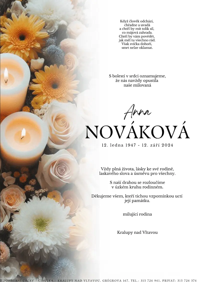 ukázkové smuteční oznámení (parte), Pohřební ústav Kralupy nad Vltavou