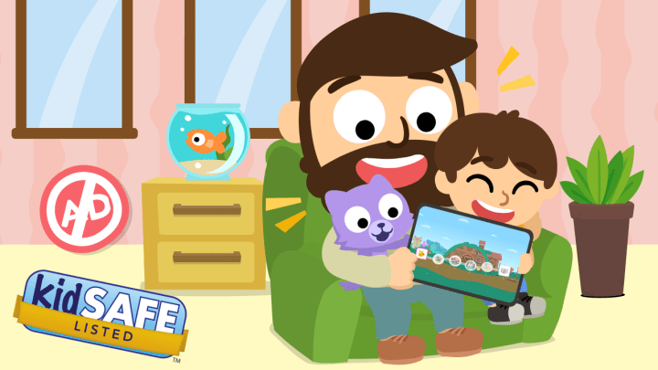 Happy kid and parent using Studycat language app with no ads design