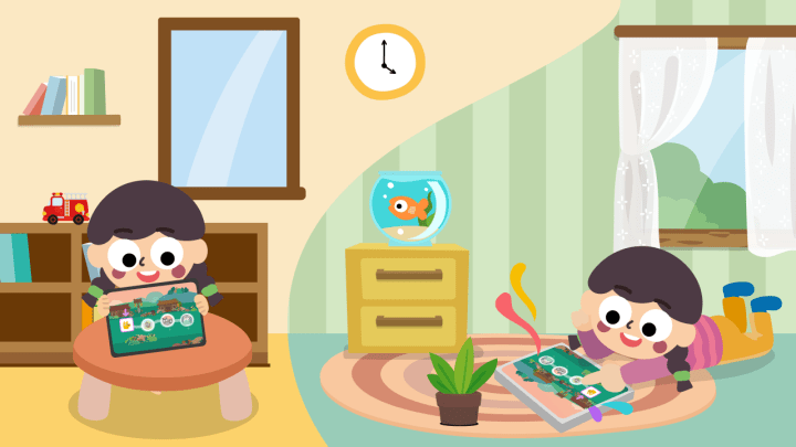 Happy kids learning language with Studycat in the living room