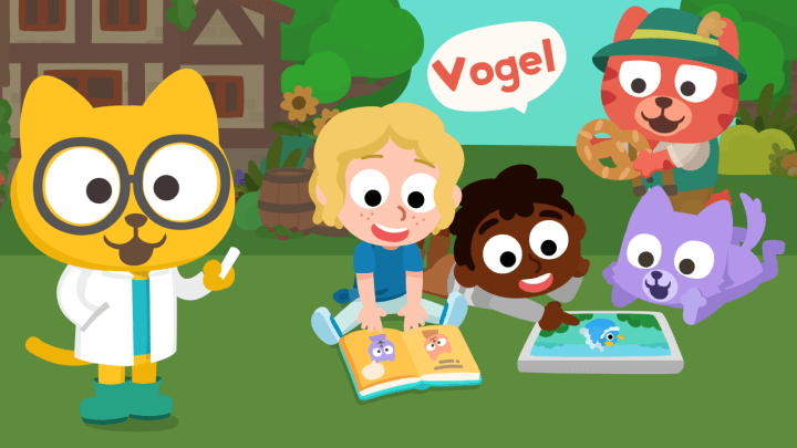 Studycat German langauge learning app, teaching happy kids German