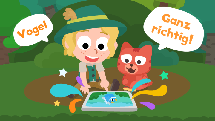 A kid speaking German in a park with Studycat