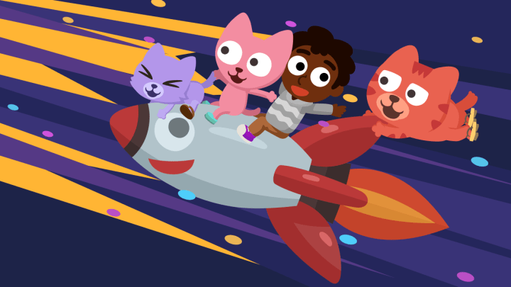 Kid riding a rocket with Studycat and friends