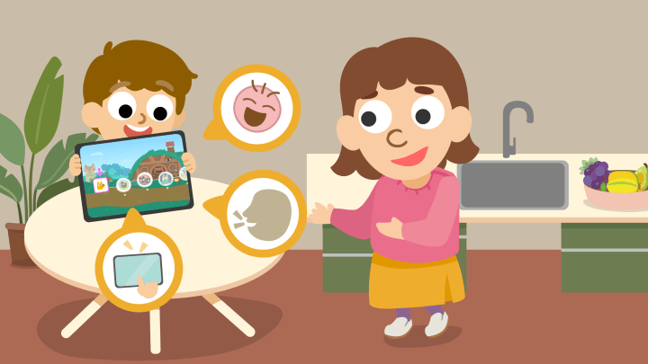 Happy child showing his mum what he has learned on Studycat App