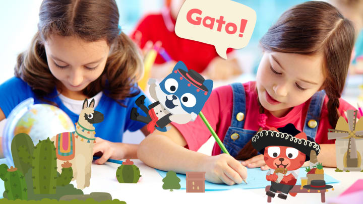 Two kids learning Spanish with Studycats and friends
