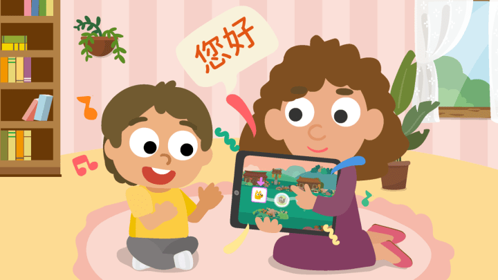 Mother and son holding up a card with Chinese characters