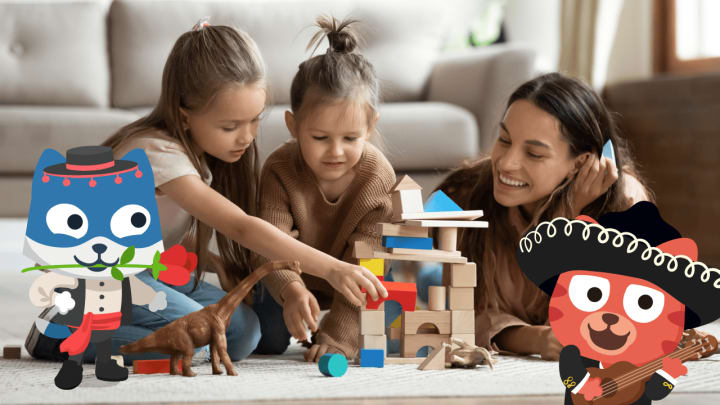 Mother with her kids playing with wooden blocks and Tom & Bob doing a Flamenco dance