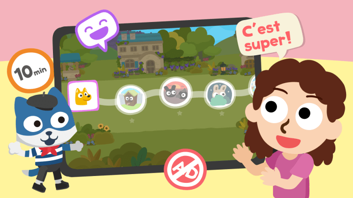 Young girl playing a 10-minute, ad-free French language game for kids from the Studycat.