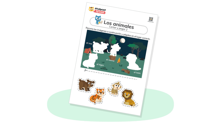 Free Spanish animal cut and paste worksheet #2 for kids Learn Spanish