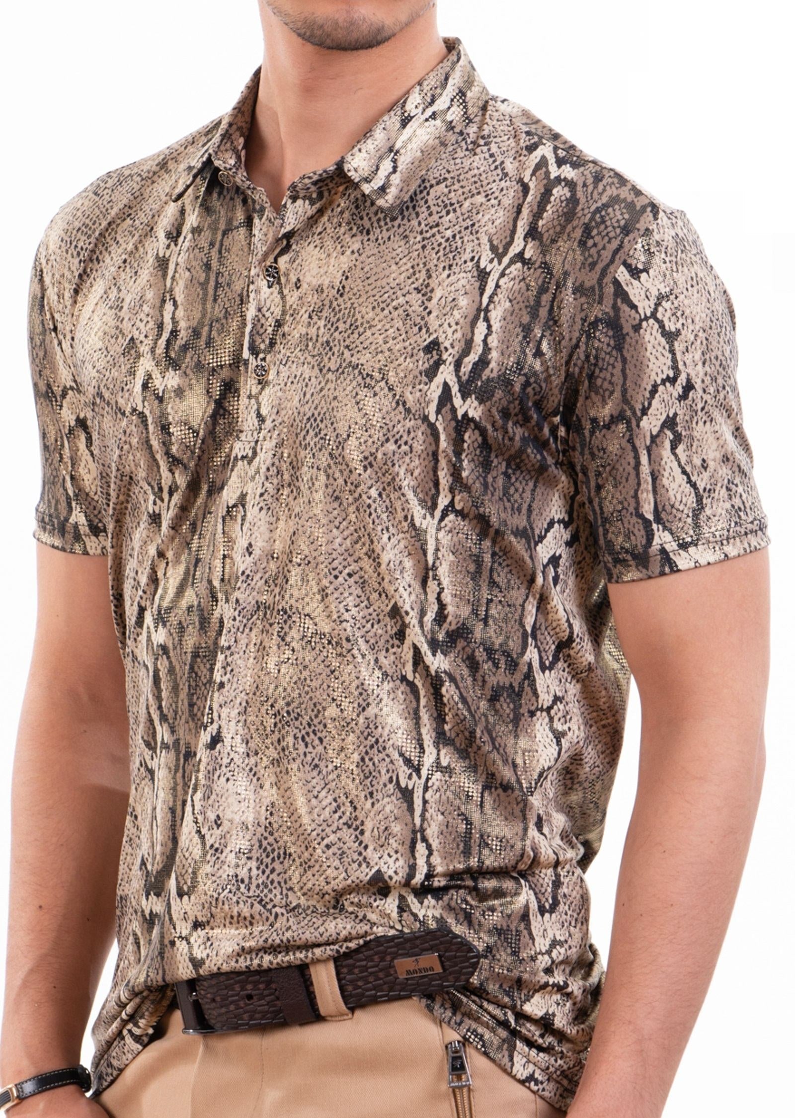 Brand New Brown Snake Foil Spandex Polo