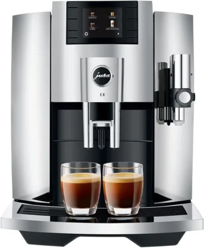 Jura E8 super-automatic espresso machine in chrome finish