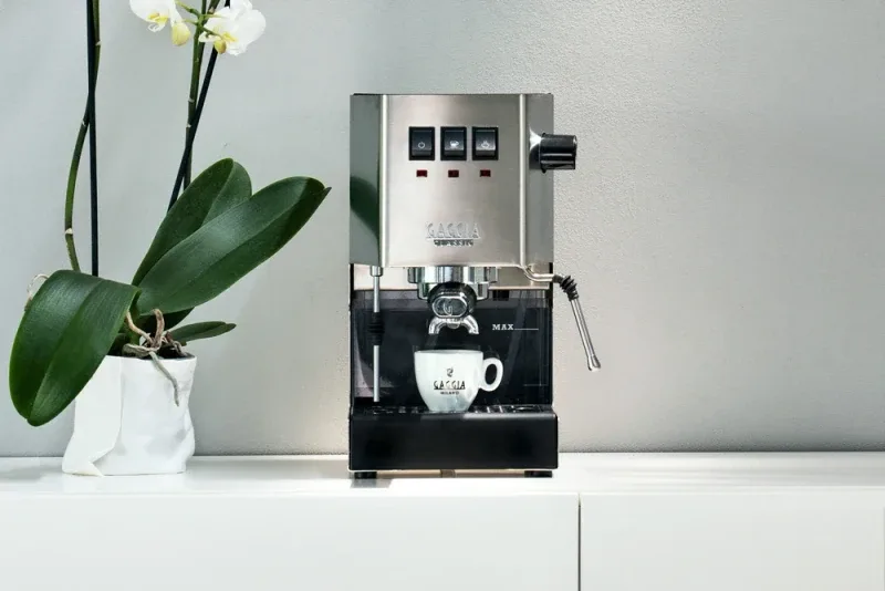 Gaggia Classic Pro espresso machine with chrome-plated brass group head