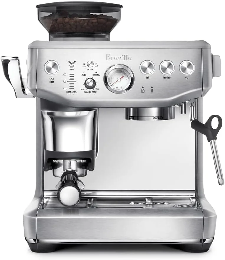 Breville Barista Express Impress espresso machine with built-in grinder on a kitchen counter
