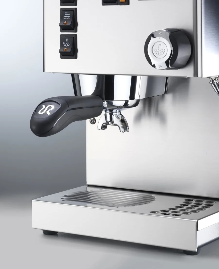 Rancilio Silvia espresso machine showing iron frame and brass boiler