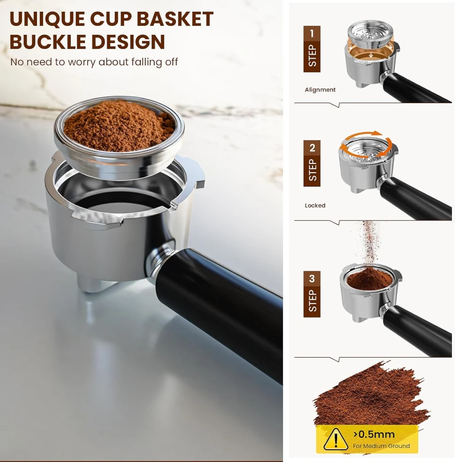 WAA 20 Bar Espresso Machine basket and portafilter showing the filter baskets included