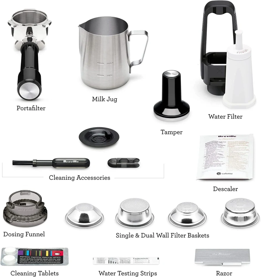 Breville Barista Touch accessories and components laid out showing everything included in the box