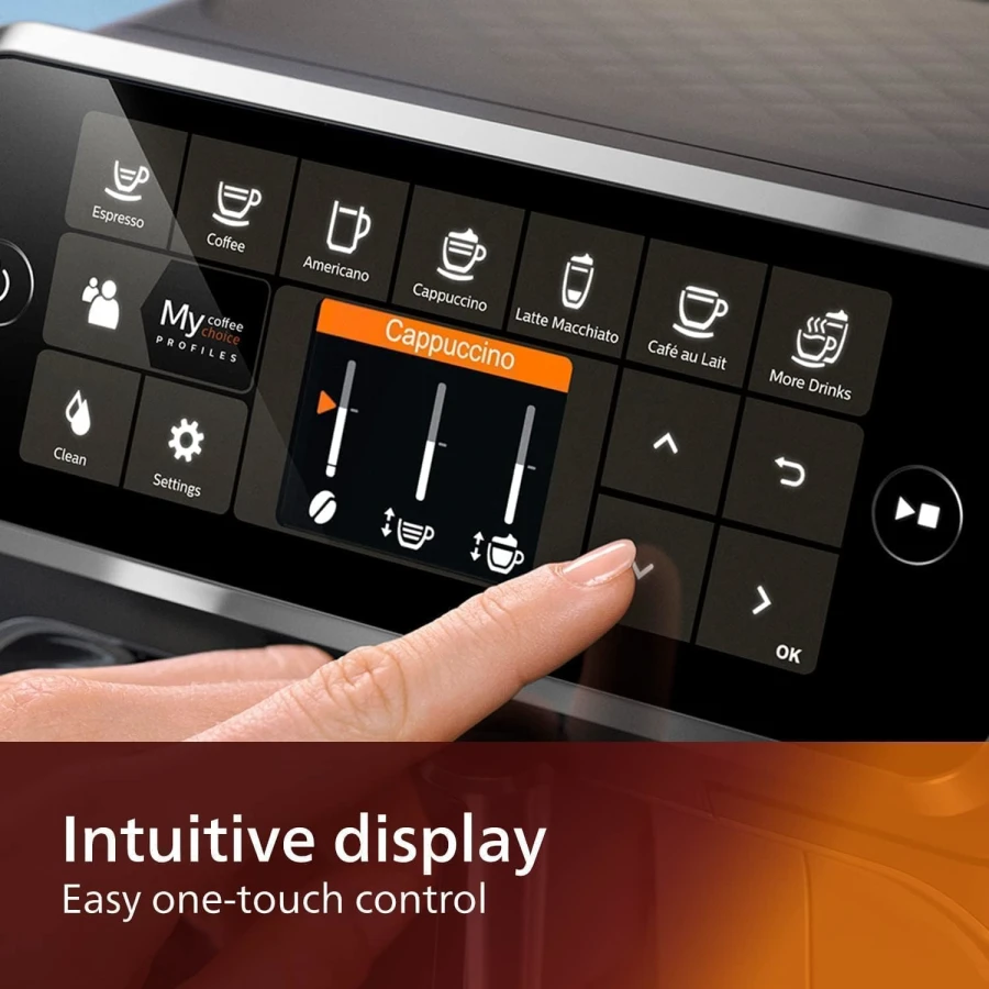 Philips 4300 LatteGo TFT color display showing drink selection interface and settings