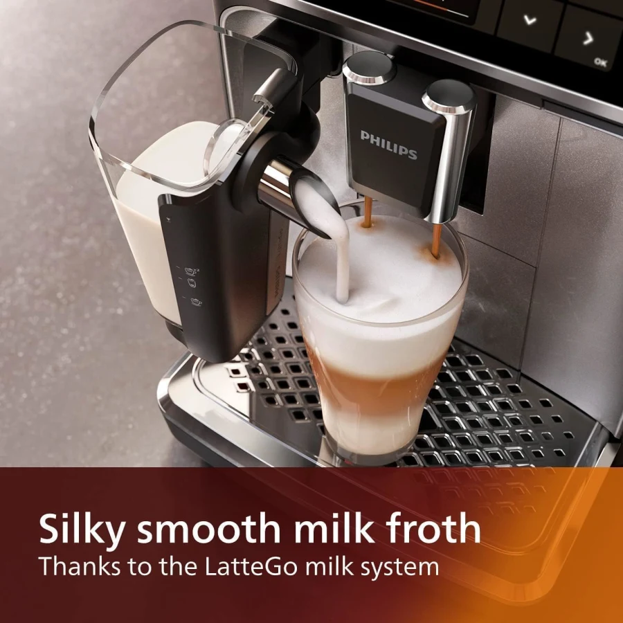 Philips 4300 LatteGo milk system showing two-part design with no tubes for easy cleaning