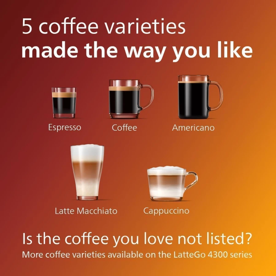Philips 4300 LatteGo showing all 8 coffee variety options on the drink selection menu