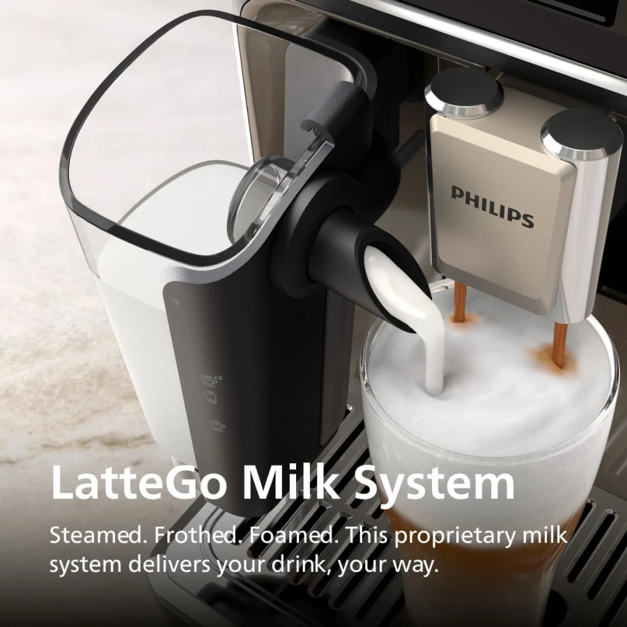 Philips 5500 LatteGo milk system showing tube-free two-part design for easy cleaning
