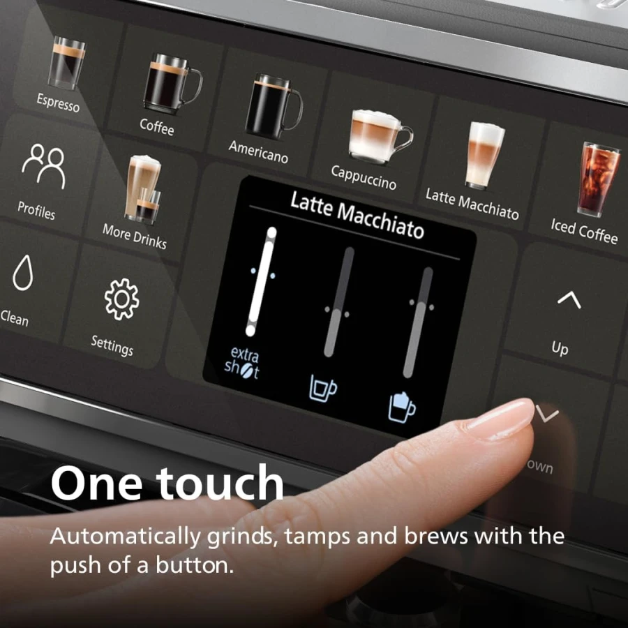 Philips 5500 LatteGo one-touch drink selection showing hot and iced coffee menu
