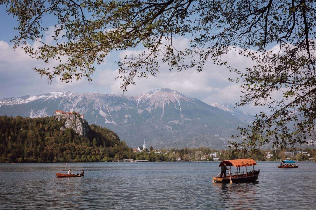 A scenic view of Lake Bled with boats on the water, a castle perched on a hill, and mountains in the background, framed by tree branches.