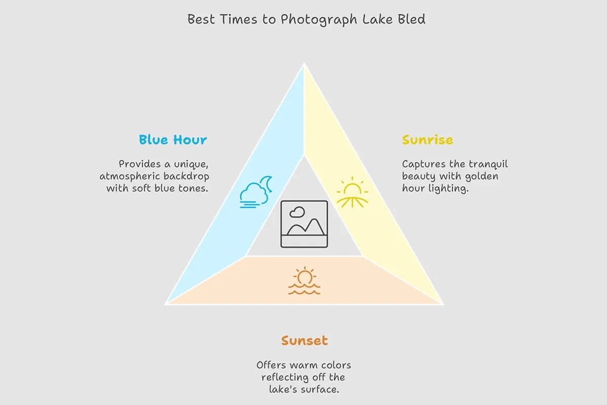 An infographic titled "Best Times to Photograph Lake Bled," highlighting sunrise, sunset, and blue hour as optimal times for capturing different lighting and colors.