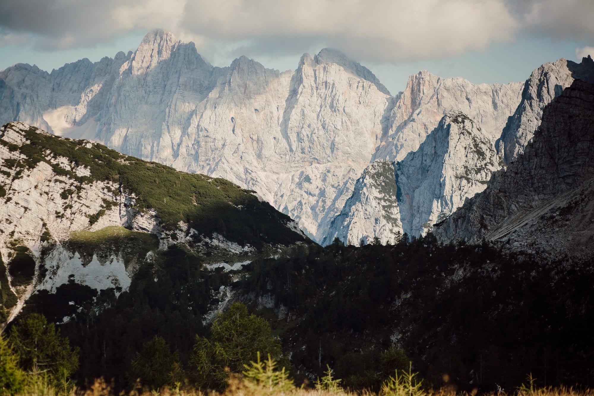Dramatic mountain peaks in the Julian Alps, a scenic backdrop for an intimate Slovenia elopement.