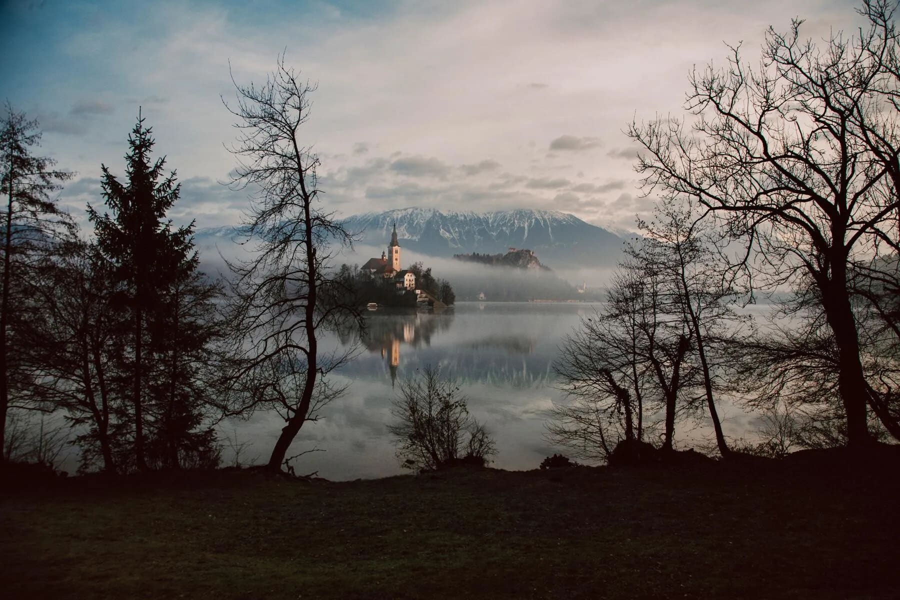 A serene view of Lake Bled featuring the iconic church on the island, surrounded by misty mountains and framed by bare trees.