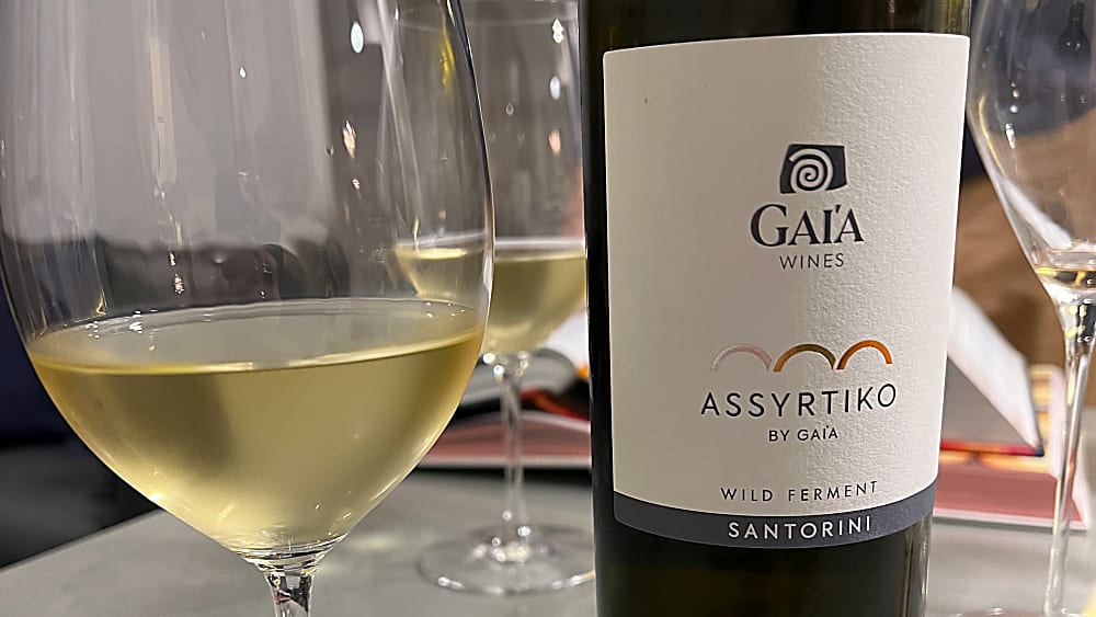 Assyrtiko wine bottle and glass