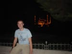 Picture of Damien Saunders at night in front of Blue Mosque Istanbul Turkiye