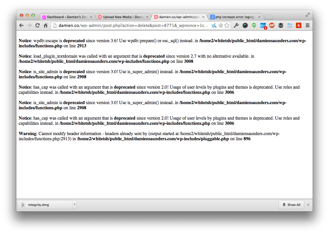 screenshot of WordPress errors screenshot of WordPress errors