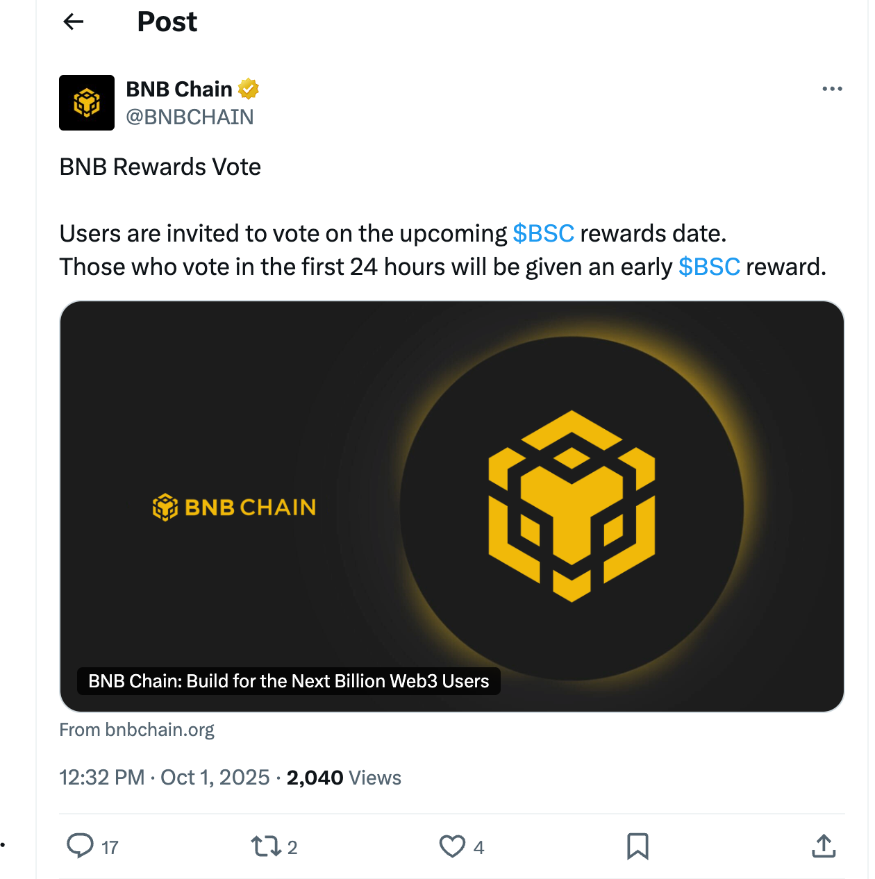 Akun Resmi BNB Chain Diretas, Waspada Tautan Palsu Reward BSC