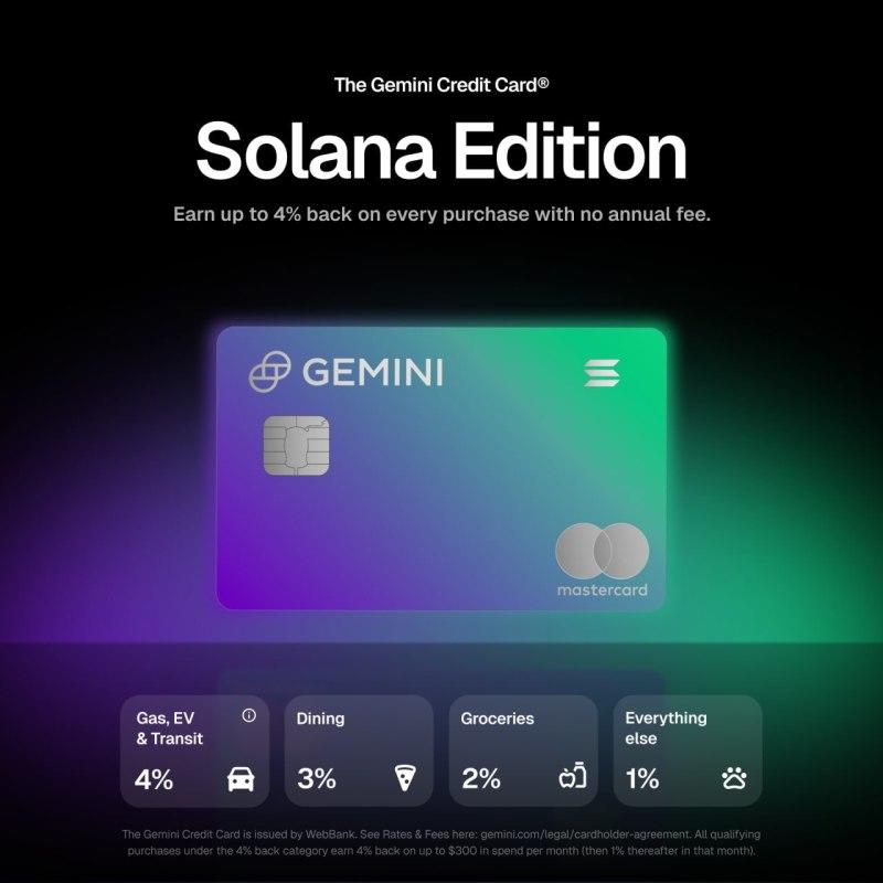 Gemini Luncurkan Kartu Kredit Solana dengan Rewards dan Staking Otomatis
