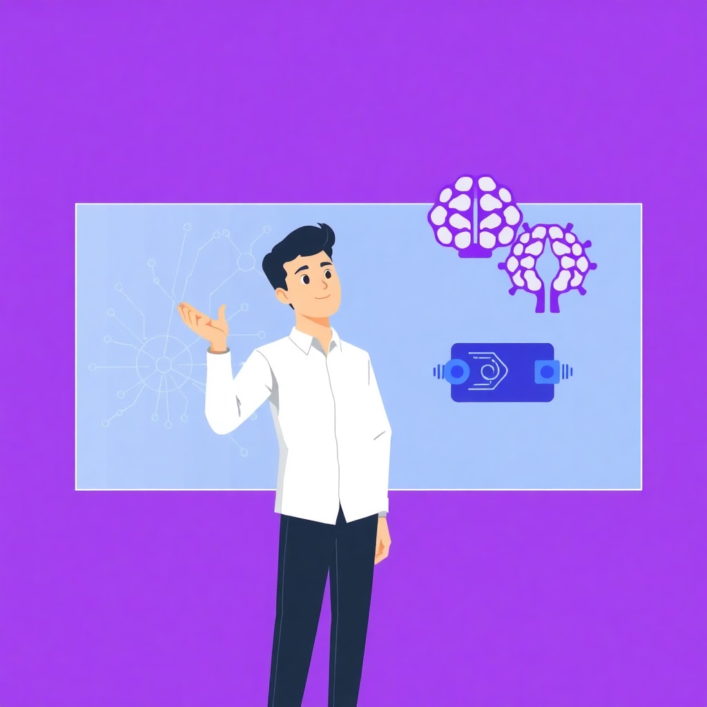 A stylized illustration featuring a person interacting with a large floating AI interface, flat vector art, human subject gesturing with right hand towards holographic display, wearing a white shirt and black pants, neutral expression, static pose, large transparent screen showing neural network patterns and data flows in the background, two floating AI nodes in purple and blue with pulsing indicators, simplified brain icon horizontally placed symbolizing artificial intelligence, minimalistic background with purple circuit pattern motif, flat color use, no texture, simple shapes and clean lines, harmonious composition, bright even lighting, balanced purple, blue, and white color palette, cartoonish style, (ultra detailed:1.2), (8k resolution:1.1), (masterpiece:1.3), (best quality:1.2), (sharp focus:1.1), (high contrast:1.05), modern vector illustration style, AI technology theme.
