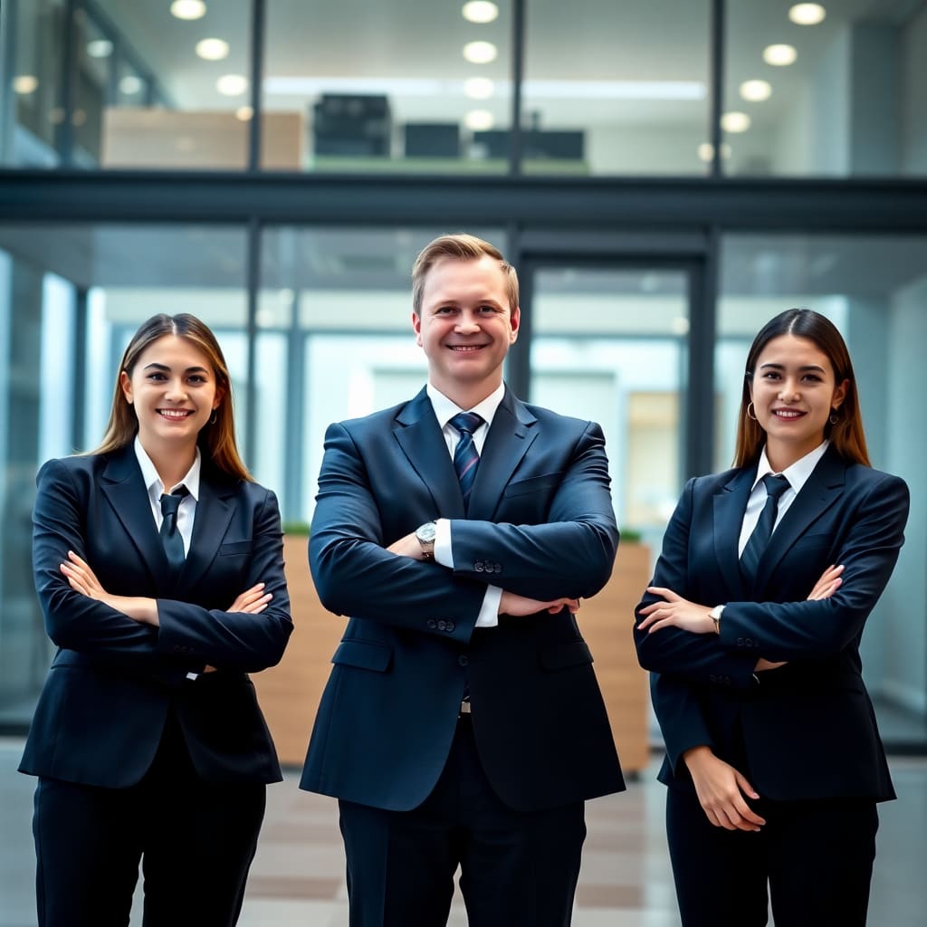 A group photo of three business professionals in suits standing confidently in an office environment, a. Main subjects: Young adult business professionals, two women and one man, the man in the center with arms crossed showcasing confidence, all smiling, wearing formal business attire: dark suits, white shirts, and ties where applicable, neatly groomed hair, b. Background: Modern office setting with a glass facade, ambient daylight filtering through, showcasing a professional, urban environment, c. Composition: Symmetrical arrangement, central figure as focal point, others providing balance, eye-level perspective, d. Lighting: Daylight, soft and even, creating minimal shadows, enhancing clarity and professionalism, e. Color palette: Muted tones of blue and gray, harmonious and sophisticated, f. Texture and materials: Sleek, polished surfaces of the suits and glass, g. Atmosphere and mood: Professional, confident, and approachable, embodying a corporate theme, (ultra detailed:1.2), (8k resolution:1.1), (masterpiece:1.3), (best quality:1.2), (sharp focus:1.1), (high contrast:1.05), portrait, business photography.