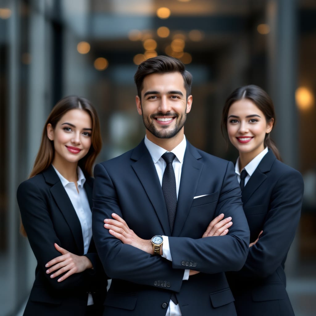 A group photo of three business professionals in suits standing confidently in an office environment, a. Main subjects: Young adult business professionals, two women and one man, the man in the center with arms crossed showcasing confidence, all smiling, wearing formal business attire: dark suits, white shirts, and ties where applicable, neatly groomed hair, b. Background: Modern office setting with a glass facade, ambient daylight filtering through, showcasing a professional, urban environment, c. Composition: Symmetrical arrangement, central figure as focal point, others providing balance, eye-level perspective, d. Lighting: Daylight, soft and even, creating minimal shadows, enhancing clarity and professionalism, e. Color palette: Muted tones of blue and gray, harmonious and sophisticated, f. Texture and materials: Sleek, polished surfaces of the suits and glass, g. Atmosphere and mood: Professional, confident, and approachable, embodying a corporate theme, (ultra detailed:1.2), (8k resolution:1.1), (masterpiece:1.3), (best quality:1.2), (sharp focus:1.1), (high contrast:1.05), portrait, business photography.