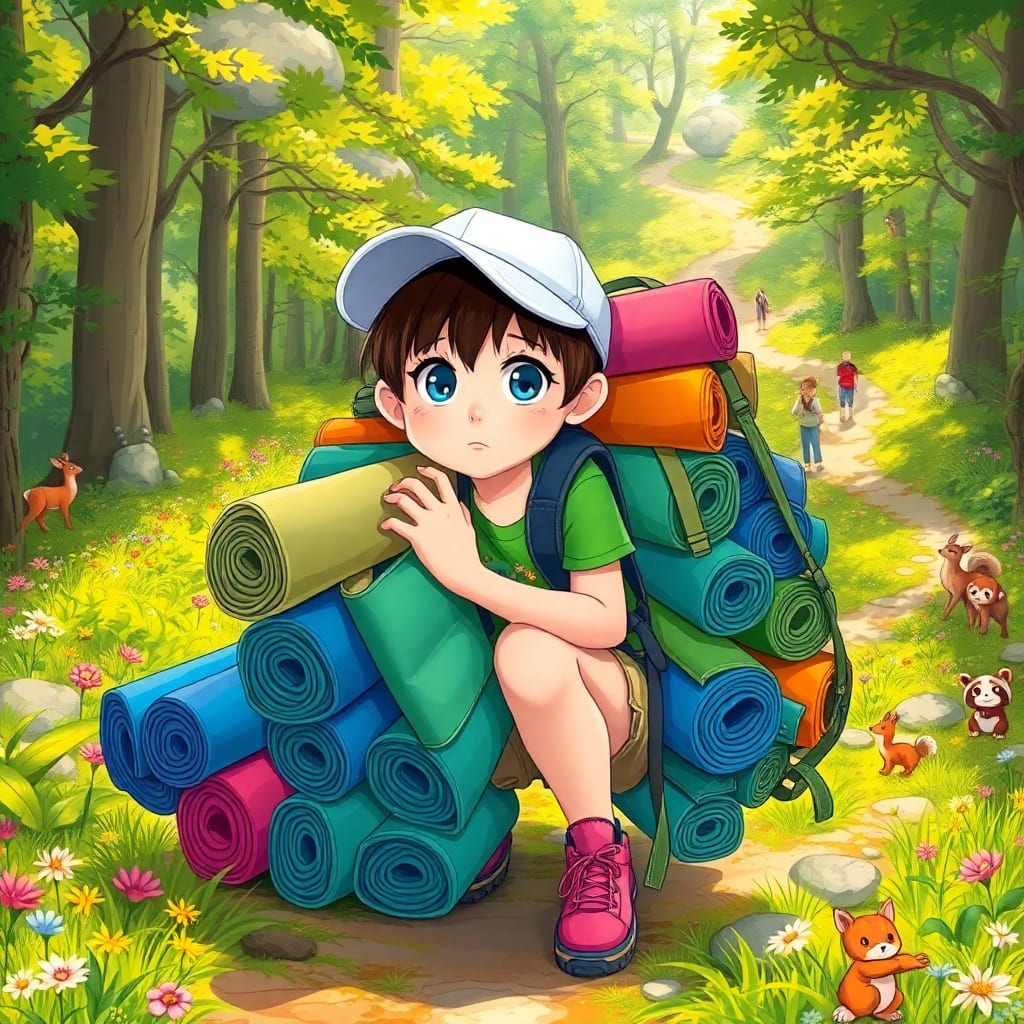A young girl burdened with numerous colorful backpacks and camping mats, looking exhausted in a vibrant forest setting, Ultra detailed, best quality, 8k resolution, sharp focus, masterpiece, illustration style, fantasy art, Main subject: A young girl with big blue eyes and short brown hair, wearing a green shirt, khaki shorts, pink shoes, and a white cap; she looks fatigued and crouches under a massive load of rolled-up yoga mats and camping gear, her expression is pouty and overwhelmed. Background: A lush, green forest with dappled sunlight filtering through leaves, vivid wildflowers, and a playful woodland scene littered with small, curious animals like deer, squirrels, and a red panda; a trail disappears into the distance with other hikers barely visible. Composition: Focused and centered on the girl and her load, uses the rule of thirds to create balance, the eye is guided along the winding trail. Lighting: Sunlight from above, casting soft shadows, enhancing the serene yet strained atmosphere. Color palette: Bright hues with emphasis on greens, blues, purples, and pinks, creating a lively and playful mood, contrasts and harmonizes perfectly. Texture and materials: Realistic representation of fabric and nature, intricate details in the texture of the mats, backpacks, and forest floor. Atmosphere and mood: A whimsical, fairy-tale vibe, the scene depicts the amusing struggle of an adventurous yet overburdened character, blending humor with nature.