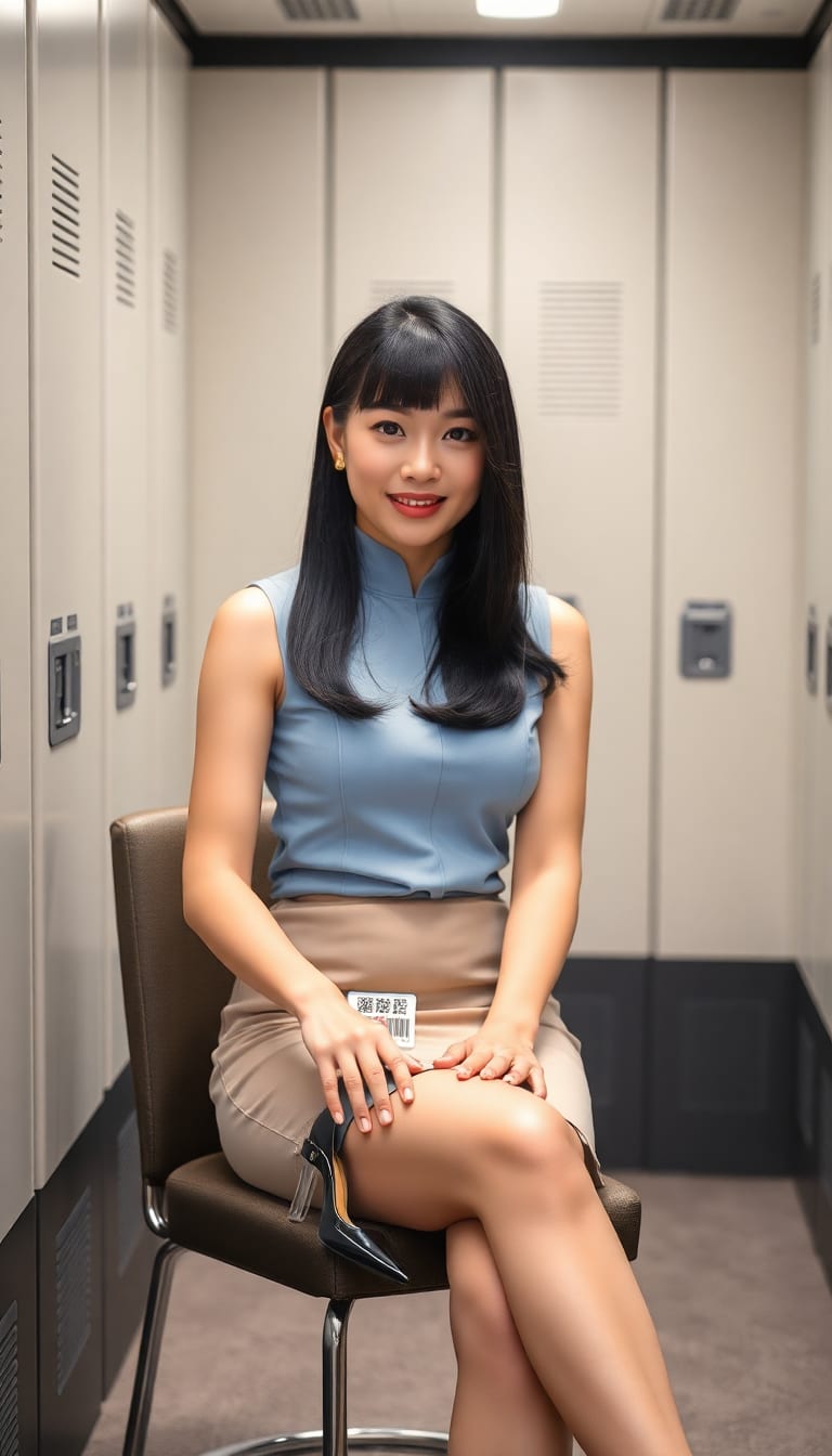 one young Hongkonger stewardesses sitting on chair and showing heel in locker room, black side part straight bob, pale skin and realistic face, gorgeous face, big eyes, nature makeup, light blue sleeveless stewardess shirts, beige tight short skirt, depth of field, black pointed toe sling back court heel, neck QR code card holder, full body view, look at camera, full body photo
