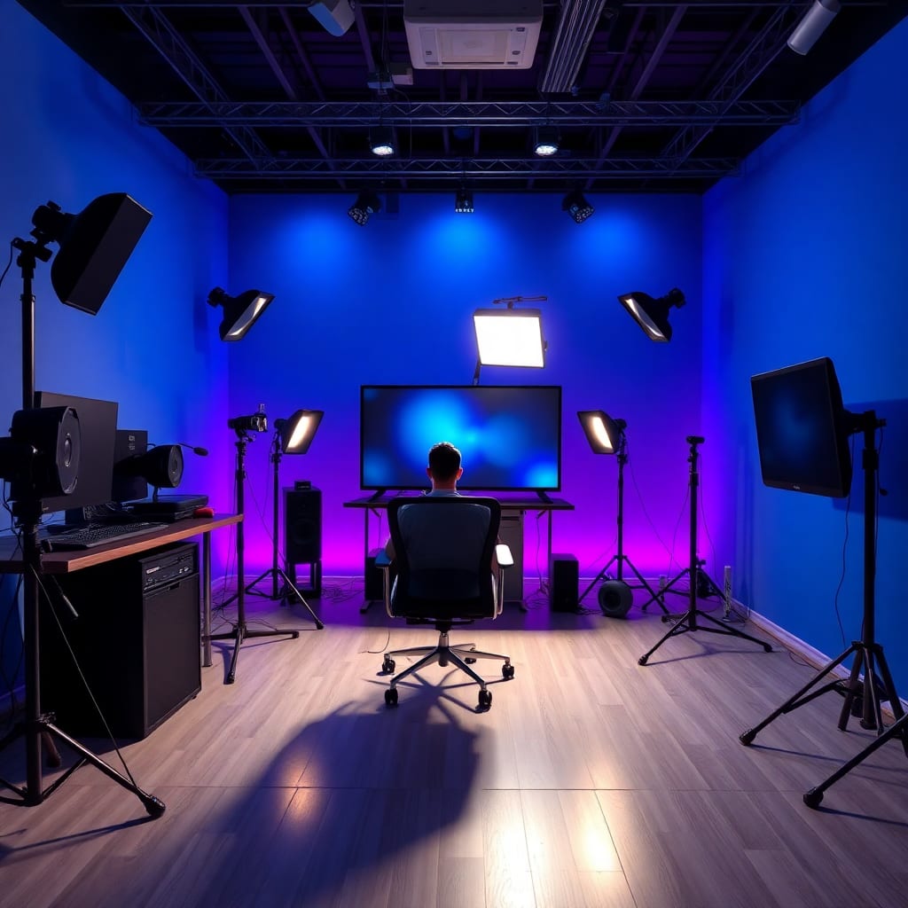 Realistic 4k quality images. Ek YouTube studio Jo bahut hi khobsorat hai. Us ke under blue and purple color ki lights jagmaga Rahi hein. Us studio mein ek YouTuber ek professional chair per baitha apna kaam kr Raha hai. Us ki tawajo Apne kaam per hai, hamari taraf nhi hai.