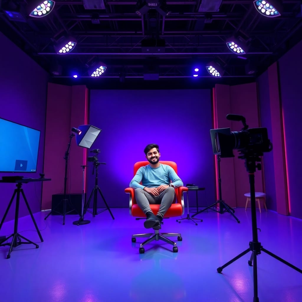 Realistic 4k quality images. Ek YouTube studio Jo bahut hi khobsorat hai. Us ke under blue and purple color ki lights jagmaga Rahi hein. Us studio mein ek YouTuber ek professional chair per baitha apna kaam kr Raha hai. Us ki tawajo hamari taraf hai aur woh smile kr Raha hai. Zoom camera 
