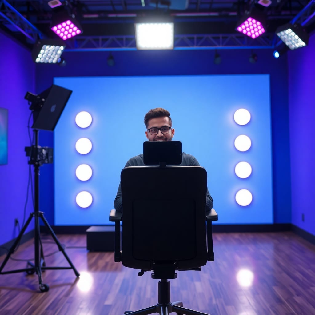 Realistic 4k quality images. Ek YouTube studio Jo bahut hi khobsorat hai. Us ke under blue and purple color ki lights jagmaga Rahi hein. Us studio mein ek YouTuber ek professional chair per baitha apna kaam kr Raha hai. Us ki tawajo hamari taraf hai aur woh smile kr Raha hai. Full Zoom camera, clean and clear face.

Image ratio: 16:9