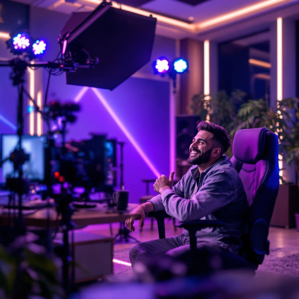 Realistic 4k quality images. Ek YouTube studio Jo bahut hi khobsorat hai. Us ke under blue and purple color ki lights jagmaga Rahi hein. Us studio mein ek YouTuber ek professional chair per baitha apna kaam kr Raha hai. Us ki tawajo hamari taraf hai aur woh smile kr Raha hai. Full Zoom camera, clean and clear face.

Image ratio: 16:9