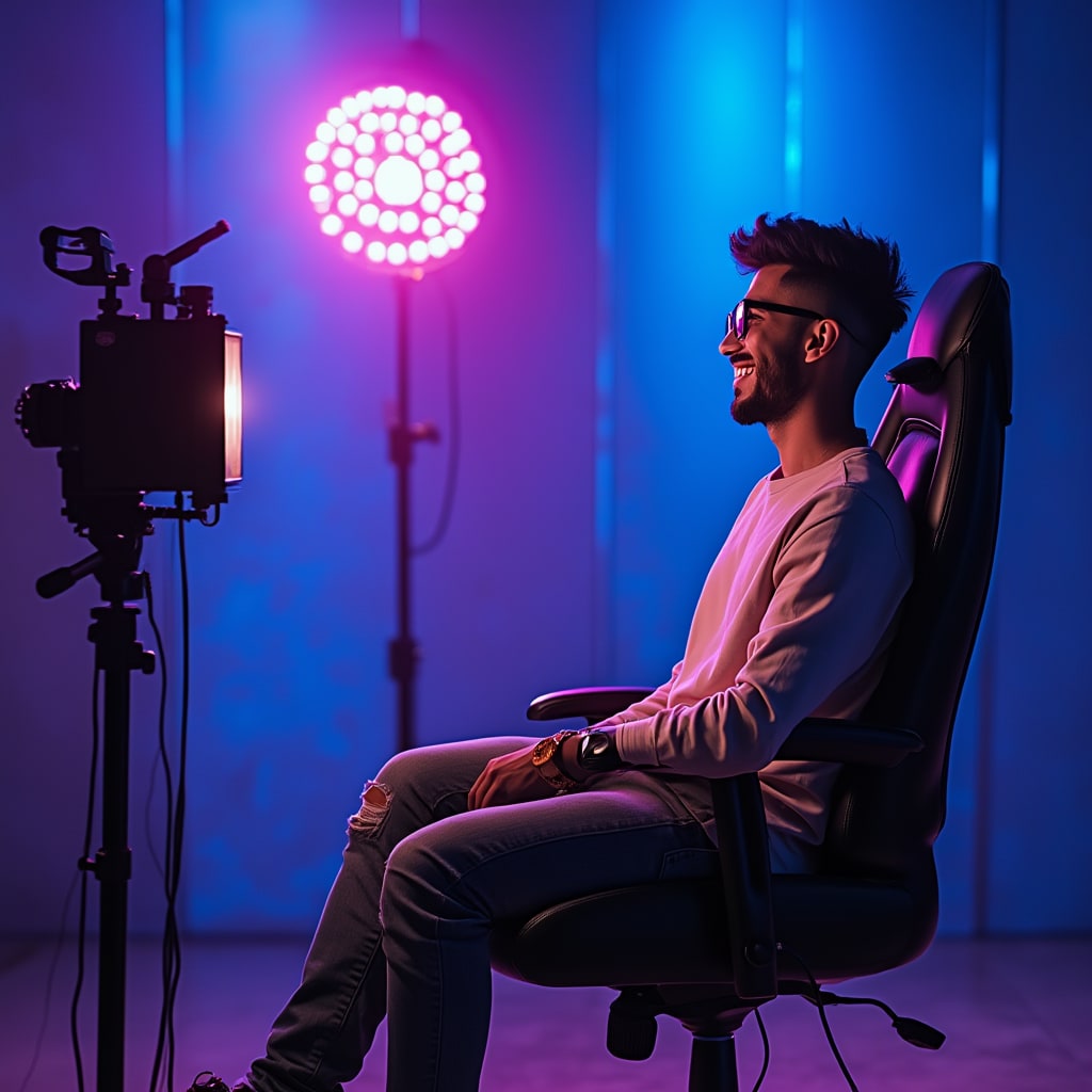 Realistic 4k quality images. Ek YouTube studio Jo bahut hi khobsorat hai. Us ke under blue and purple color ki lights jagmaga Rahi hein. Us studio mein ek YouTuber ek professional chair per baitha apna kaam kr Raha hai. Us ki tawajo hamari taraf hai aur woh smile kr Raha hai. Full Zoom camera, clean and clear face.

Image ratio: 16:9